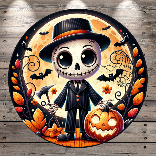 A spooky skeleton wearing a top hat and holding a pumpkin, surrounded by bats, flowers, and a full moon, all set against a wooden background.