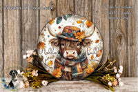 A decorative plate featuring a cow wearing a hat and scarf, surrounded by autumn leaves and flowers, with the text "Hello Fall" displayed on it.