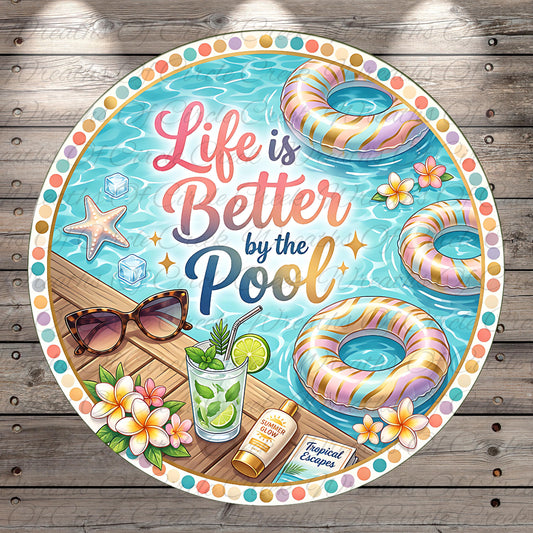The image is a vibrant illustration of a pool scene, featuring a blue background with a circular frame around it. The frame contains various objects and text related to summer activities, such as a pair of sunglasses, a tropical drink, a starfish, and a donut. The text "Life is Better by the Pool" is prominently displayed, along with the phrase "Tropical Escapes" at the bottom of the image.