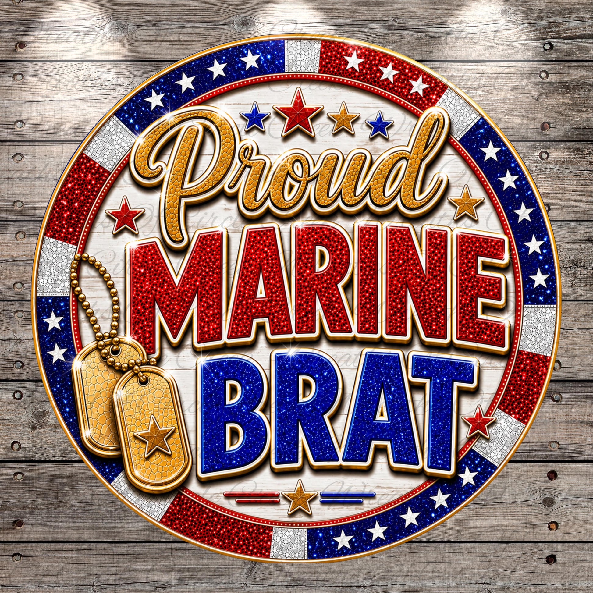 a patriotic design with the text "Proud Marine Brat" surrounded by a border of red, white, and blue colors, along with stars and a dog tag.