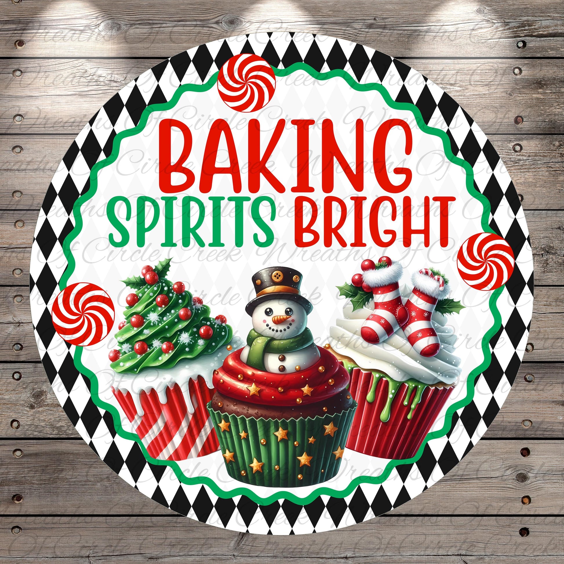 a festive design with a snowman, cupcakes, and candy canes, all set against a black and white checkered background.
