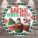 a festive design with a snowman, cupcakes, and candy canes, all set against a black and white checkered background.