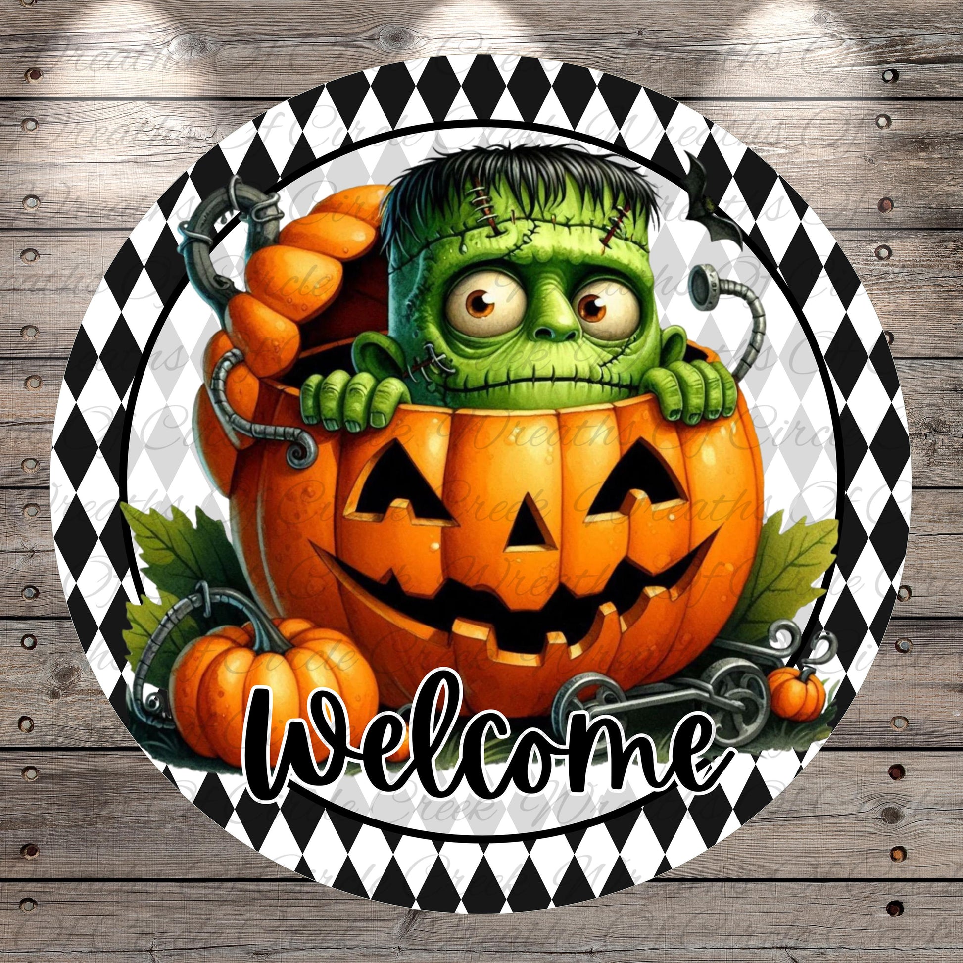 A Halloween-themed illustration featuring a green monster with a pumpkin face peeking out from a carved jack-o-lantern. The monster appears to be in a creepy or evil mood, and the word "Welcome" is written below the jack-o-lantern.