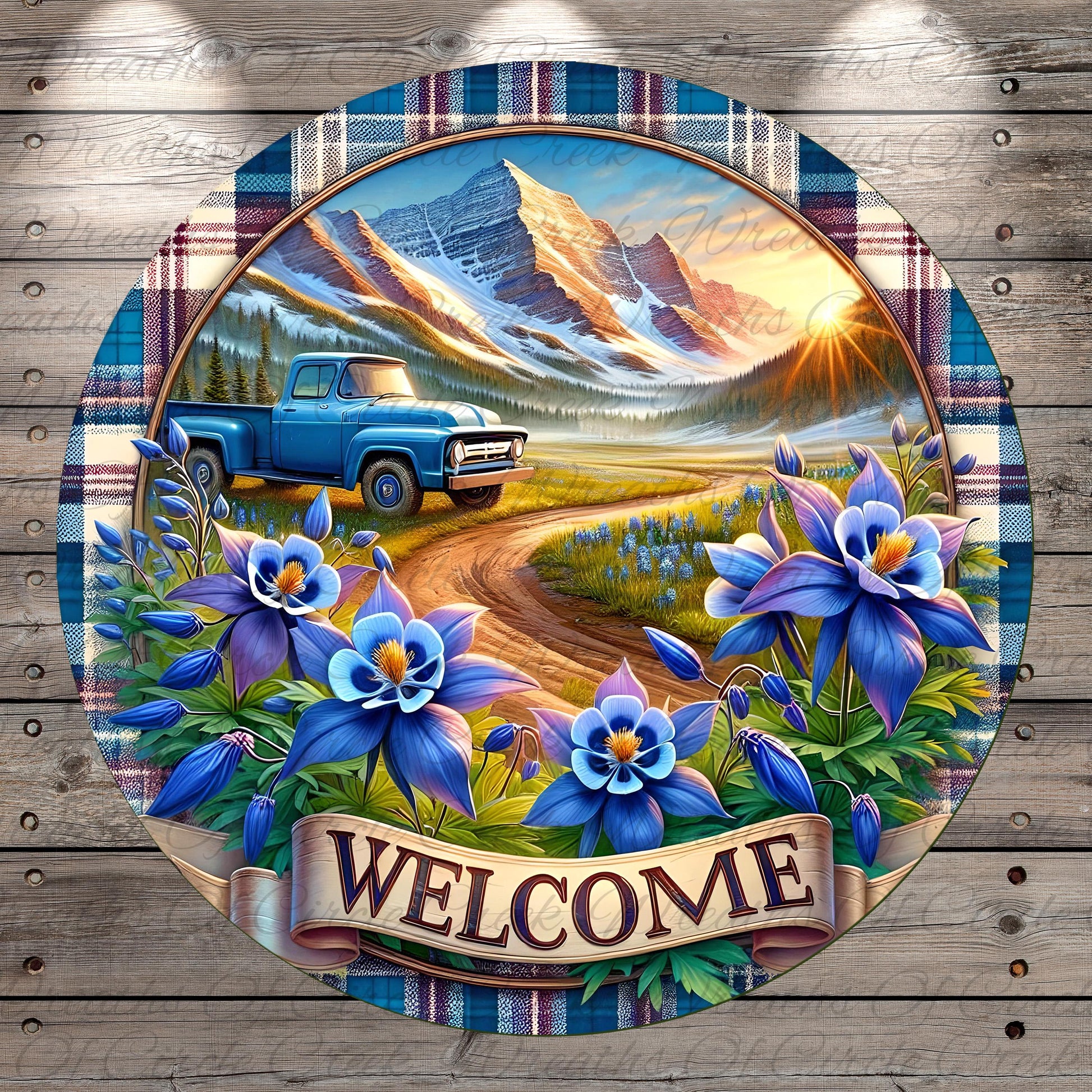 A blue pickup truck is driving down a dirt road surrounded by a colorful floral border, with a mountain range and sunset in the background. The word "WELCOME" is prominently displayed in the center of the image.