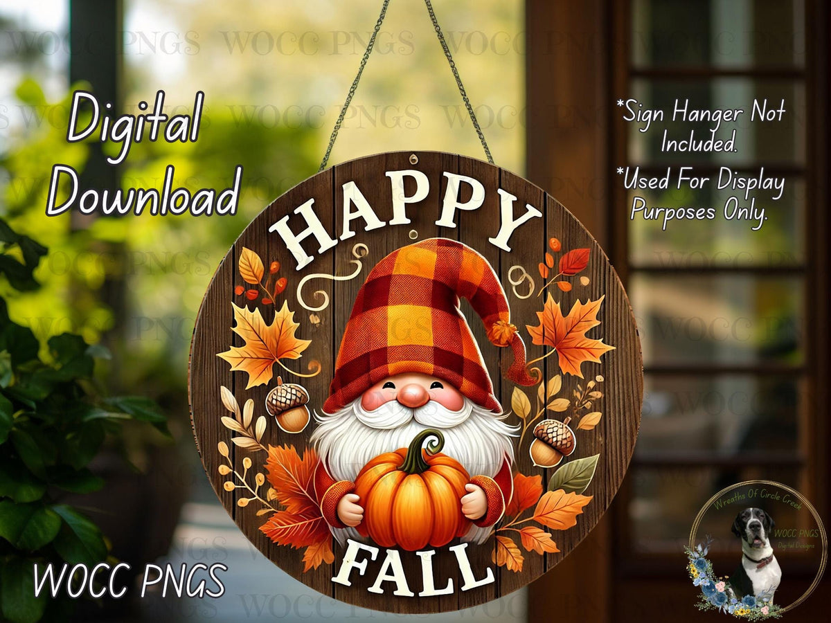 Happy Fall Gnome PNG | Plaid Hat Gnome with Pumpkin Sign | Rustic Autumn Wreath | Digital Download | WOCC PNGS