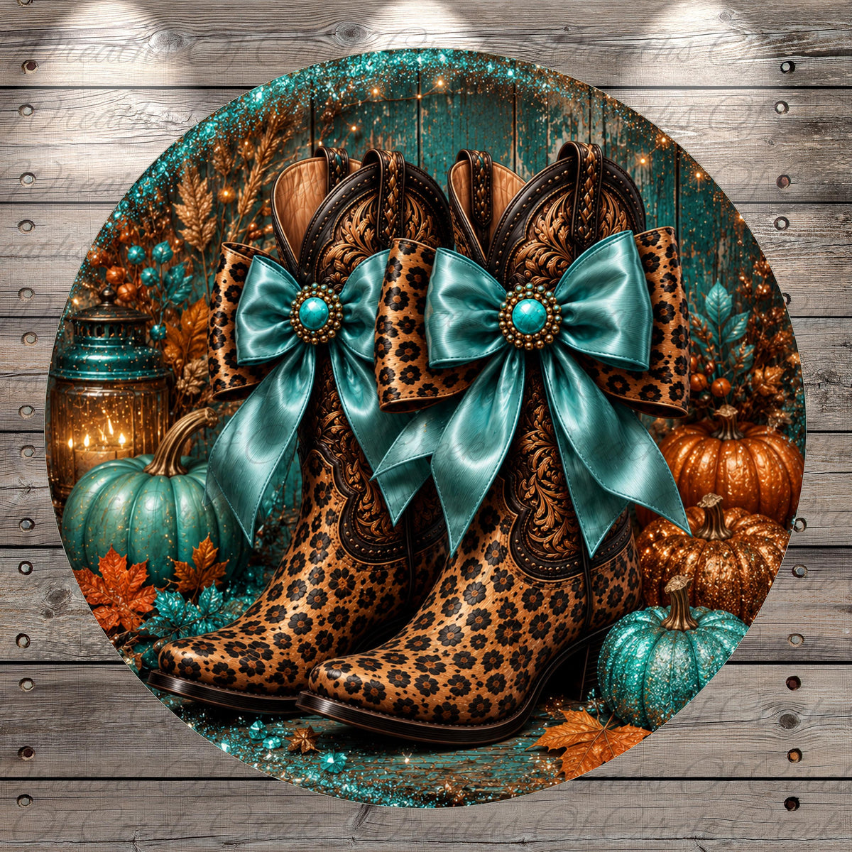 A pair of leopard-print cowboy boots with turquoise bows, surrounded by autumn-themed decorations such as pumpkins, leaves, and a lantern.