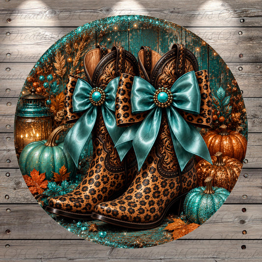 A pair of leopard-print cowboy boots with turquoise bows, surrounded by autumn-themed decorations such as pumpkins, leaves, and a lantern.