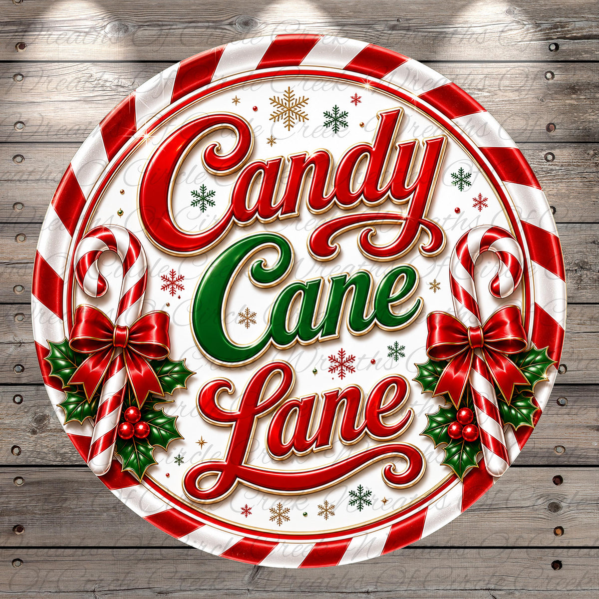 A circular sign with the text "Candy Cane Lane" surrounded by red and white striped borders, candy canes, holly leaves, and snowflakes.