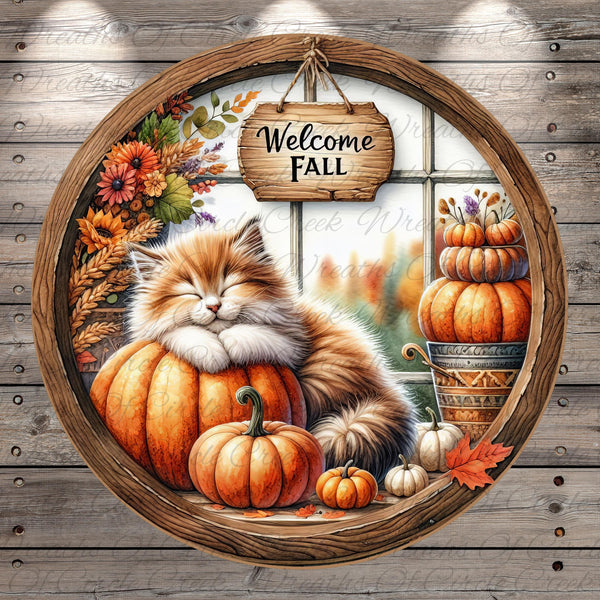 A wooden sign with the text "Welcome Fall" hangs above a cozy scene featuring a sleeping cat, a stack of pumpkins, and autumn leaves.