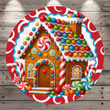 A colorful and whimsical illustration of a gingerbread house, surrounded by an abundance of candy and sweets, set against a wooden background.