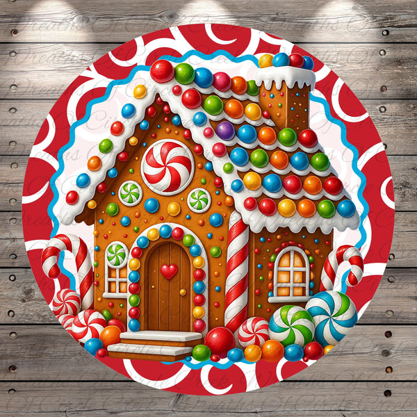 A colorful and whimsical illustration of a gingerbread house, surrounded by an abundance of candy and sweets, set against a wooden background.