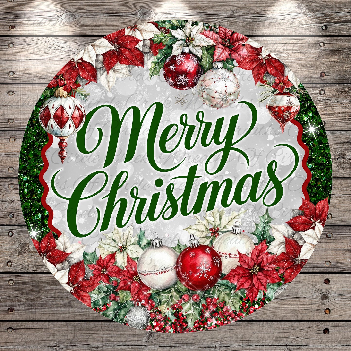A circular Christmas wreath with the text "Merry Christmas" written in a decorative green cursive font. The wreath is adorned with red poinsettias, white poinsettias, and various ornaments, including a red and white ornament and a red and white ornament.