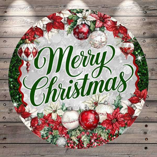 A circular Christmas wreath with the text &quot;Merry Christmas&quot; written in a decorative green cursive font. The wreath is adorned with red poinsettias, white poinsettias, and various ornaments, including a red and white ornament and a red and white ornament.