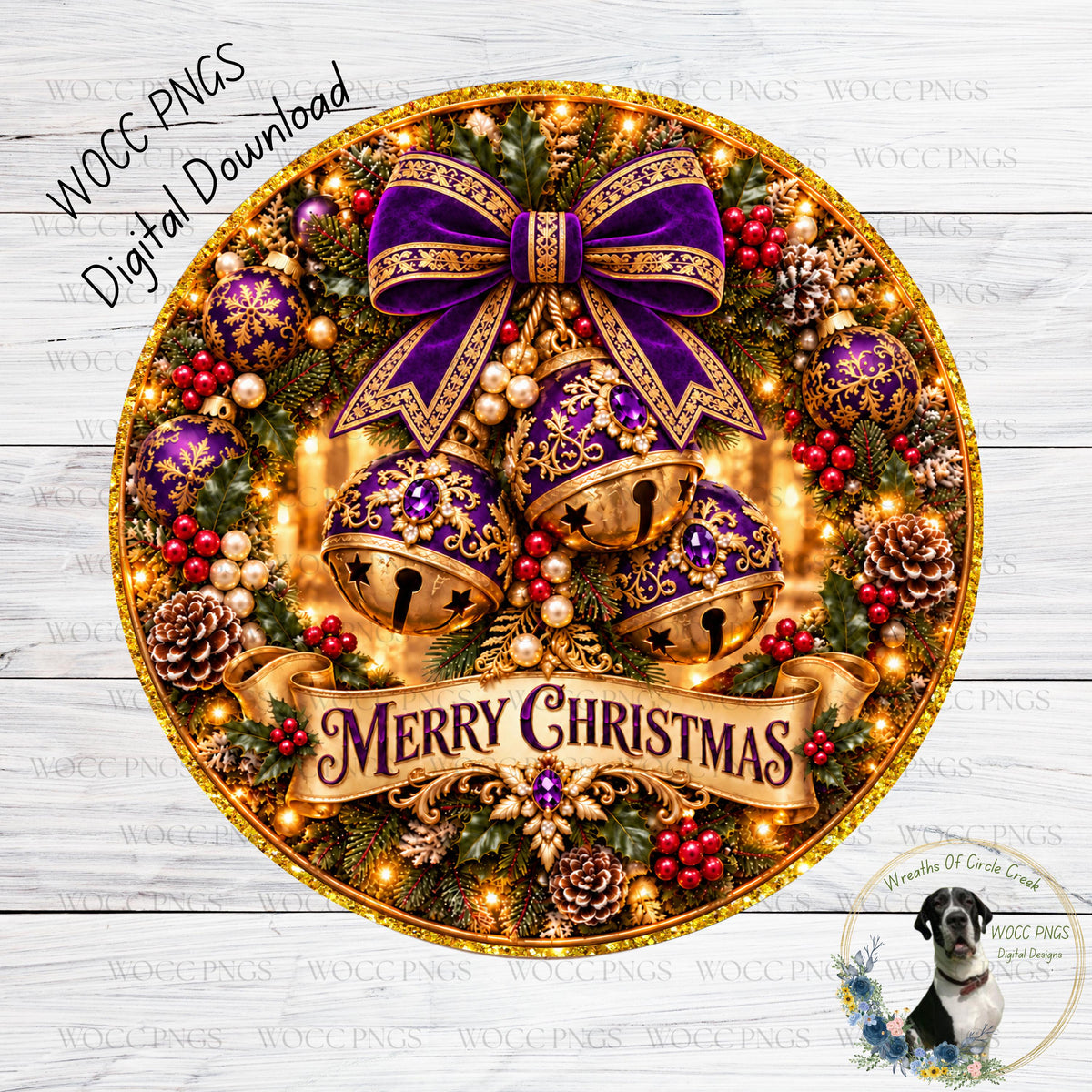 The image is a festive Christmas wreath adorned with various ornaments, including bells, pine cones, berries, and a ribbon with the text "Merry Christmas". The wreath is set against a white wooden background, and there is a small dog in the bottom right corner of the image.