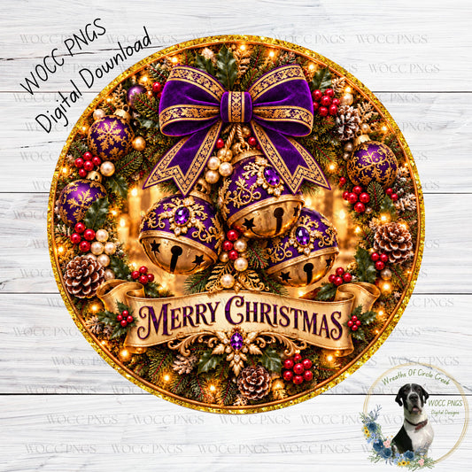 The image is a festive Christmas wreath adorned with various ornaments, including bells, pine cones, berries, and a ribbon with the text "Merry Christmas". The wreath is set against a white wooden background, and there is a small dog in the bottom right corner of the image.