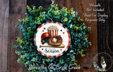 A wreath made of green foliage, featuring a baseball helmet, baseball bat, and popcorn, with the text "Tis the Season" and "Wreaths of Circle Creek" displayed.
