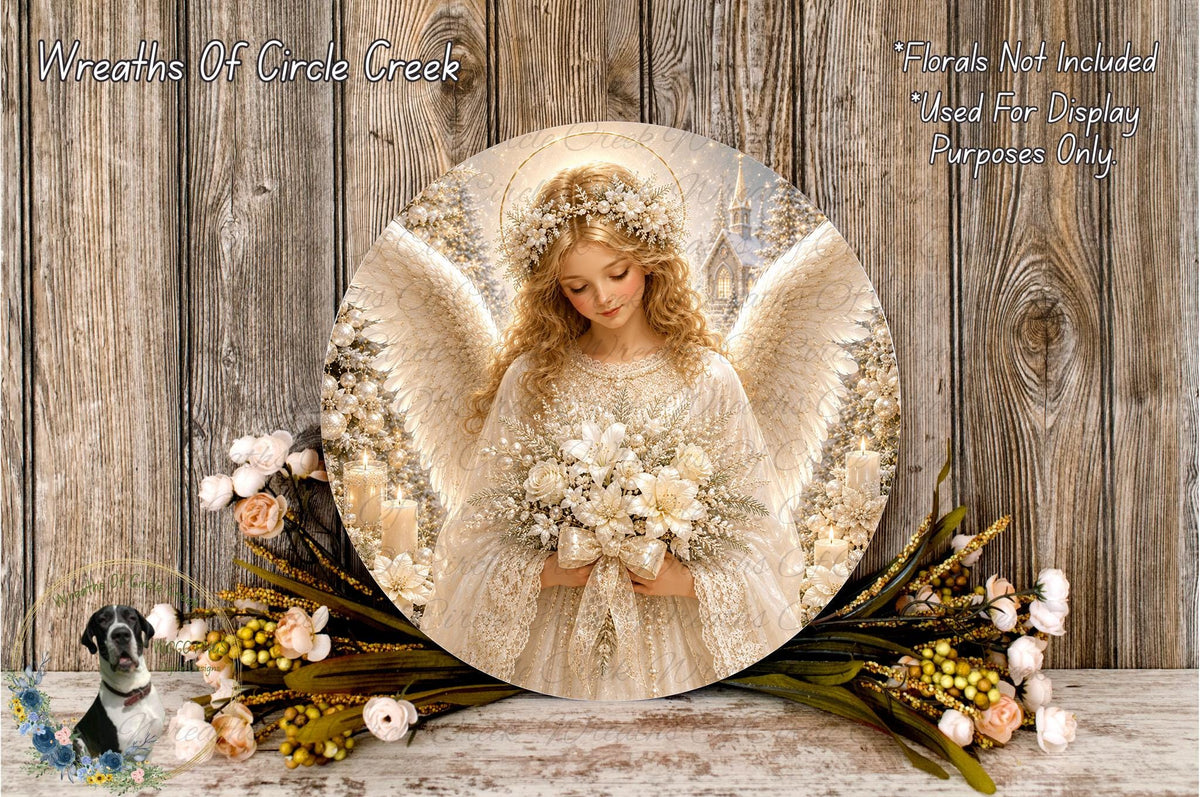A round, wooden-paneled display featuring a woman with angelic features, holding a bouquet of flowers, and surrounded by a wreath of flowers and greenery.