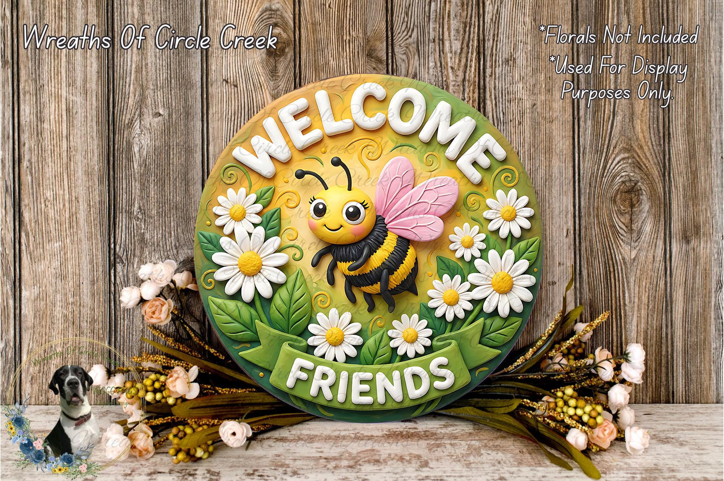 A decorative welcome sign featuring a bee surrounded by flowers and leaves, with the text "Welcome Friends" on it.