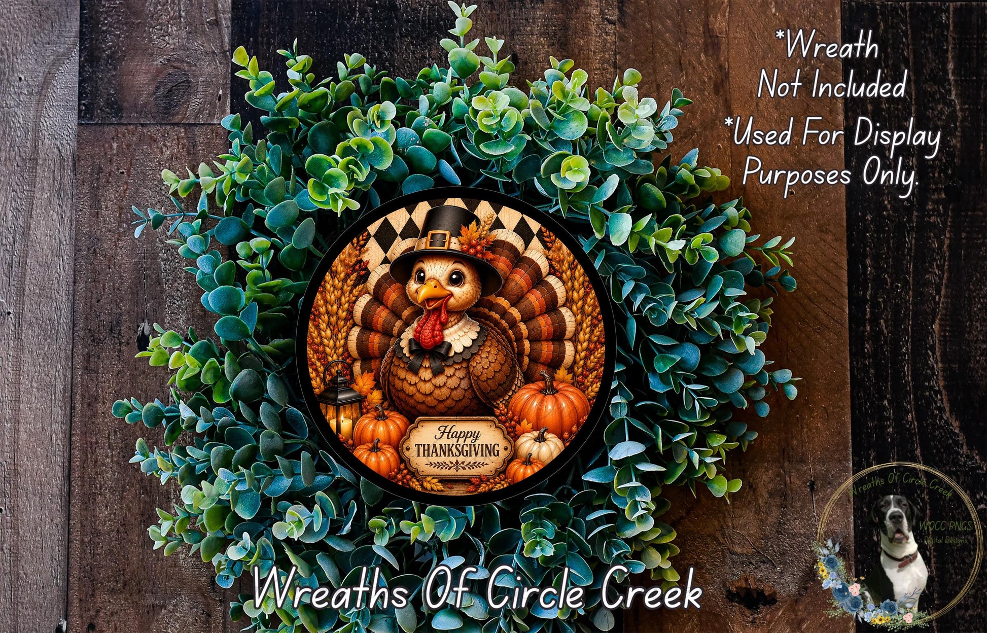 A wreath featuring a turkey surrounded by pumpkins and other fall-themed elements, with a sign that says "Happy Thanksgiving".
