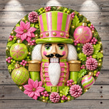 A colorful and whimsical Christmas wreath featuring a nutcracker figure surrounded by various holiday decorations such as poinsettias, berries, and ornaments.