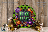 a Halloween-themed wreath with the text "TRICK or TREAT" prominently displayed in the center. The wreath is surrounded by various Halloween-themed decorations, including pumpkins, lollipops, and other spooky elements. The wreath is set against a rustic wooden background, creating a festive and seasonal atmosphere.
