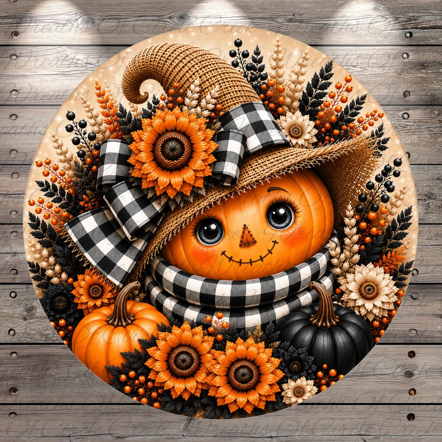 A whimsical Halloween-themed wreath featuring a pumpkin face, a witch's hat, and a variety of autumn-colored flowers and pumpkins.