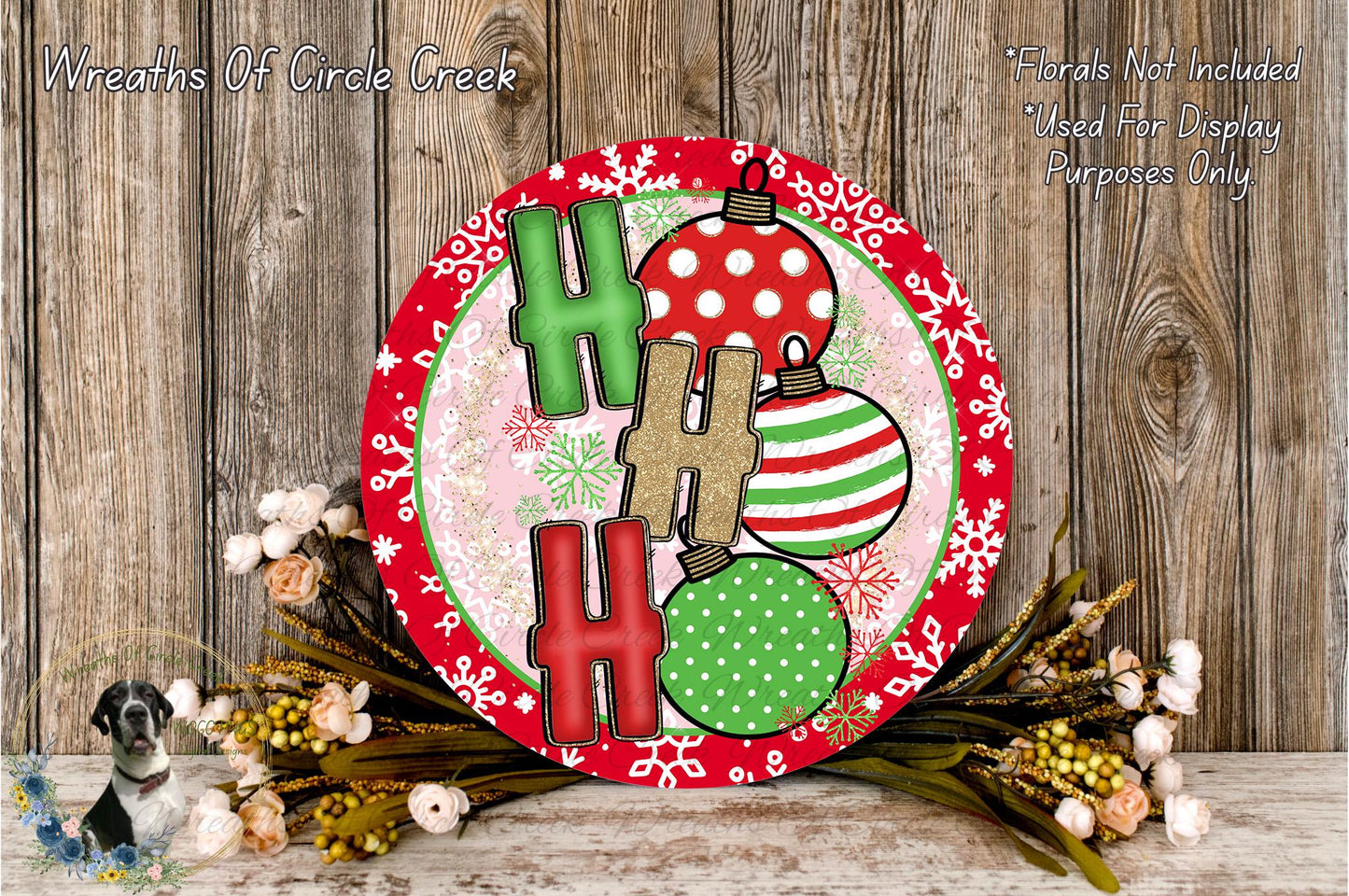 Ho Ho Ho Ornaments Sign | Lightweight Round Metal Wreath Sign | No Holes in Sign | Christmas Holiday Decor