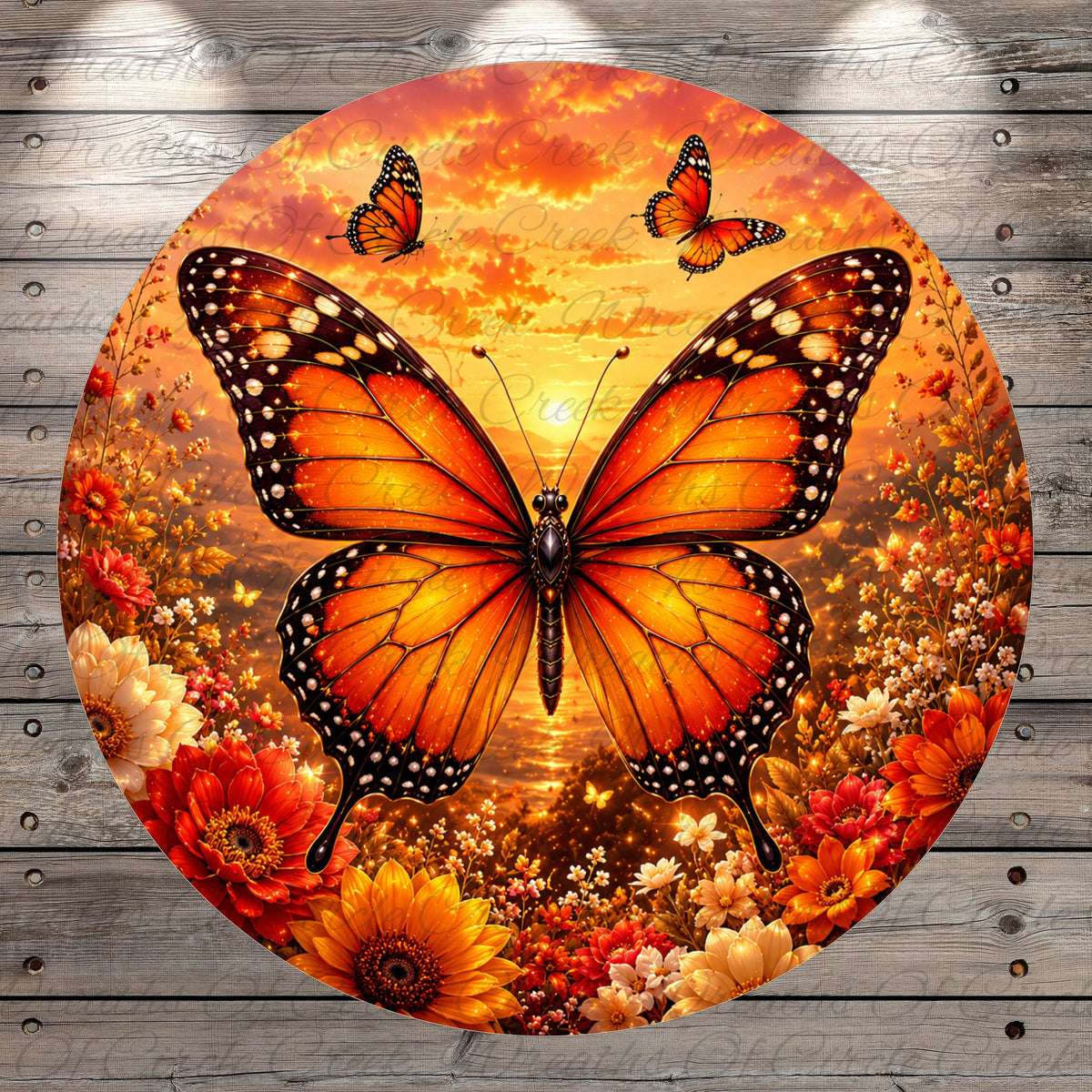 A vibrant digital illustration of a butterfly with orange and black wings, surrounded by a colorful floral scene at sunset.