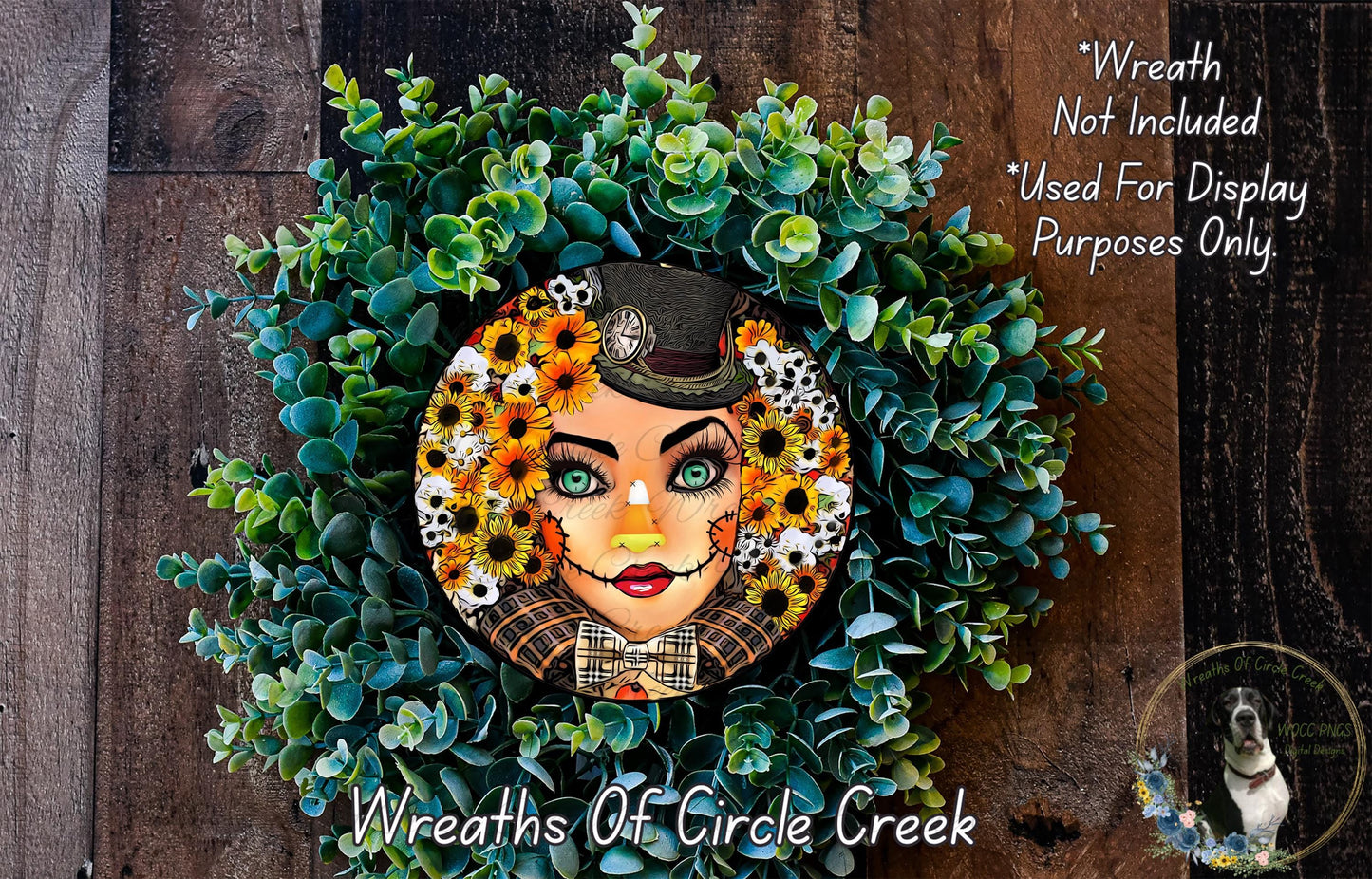 Sunflower Scarecrow Girl Sign | Lightweight Metal Wreath Sign | Fall Floral Wreath Decor | No Holes in Sign