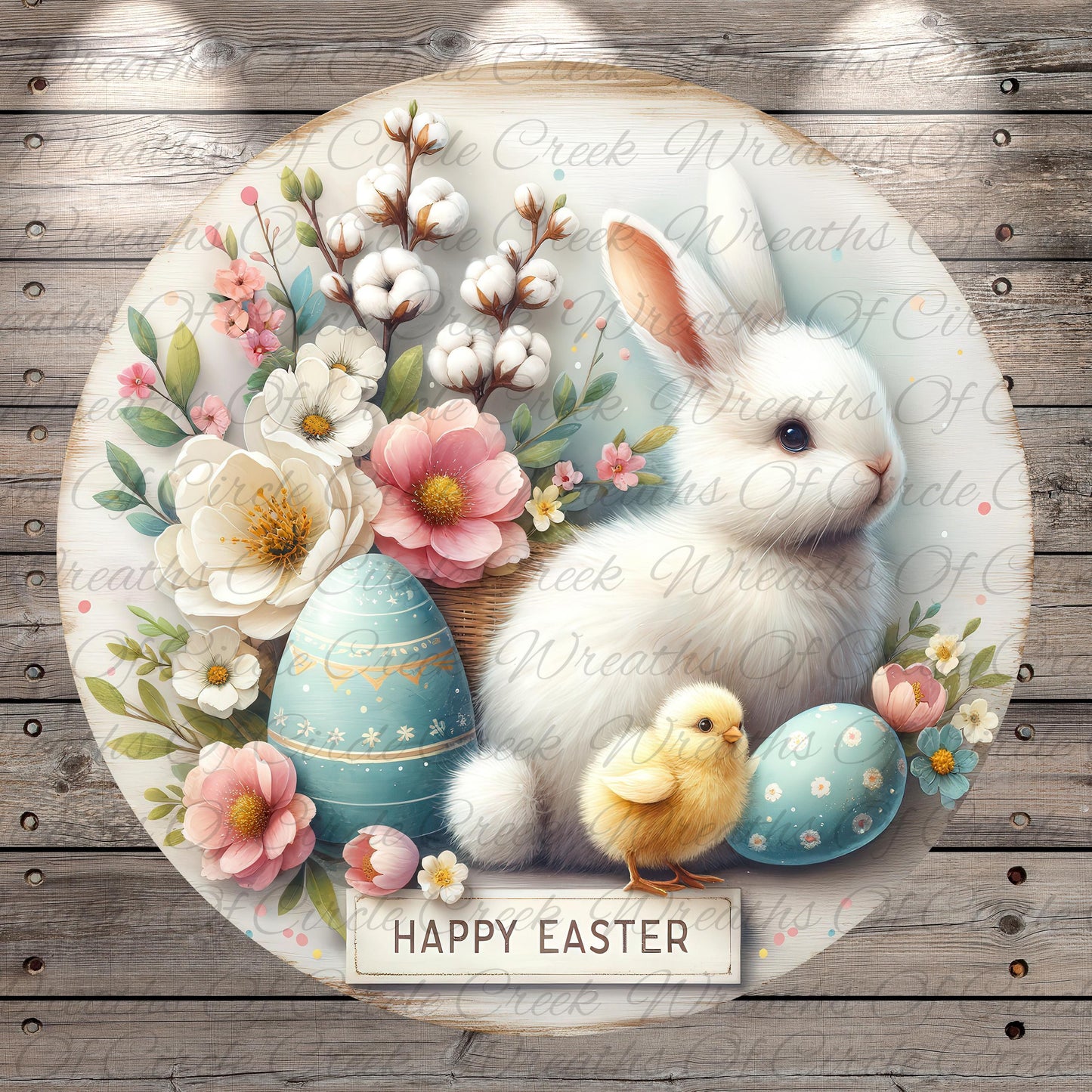 A white bunny sits amidst a floral arrangement, with Easter eggs and a small yellow chick nearby. The text "Happy Easter" is displayed in the center of the image.