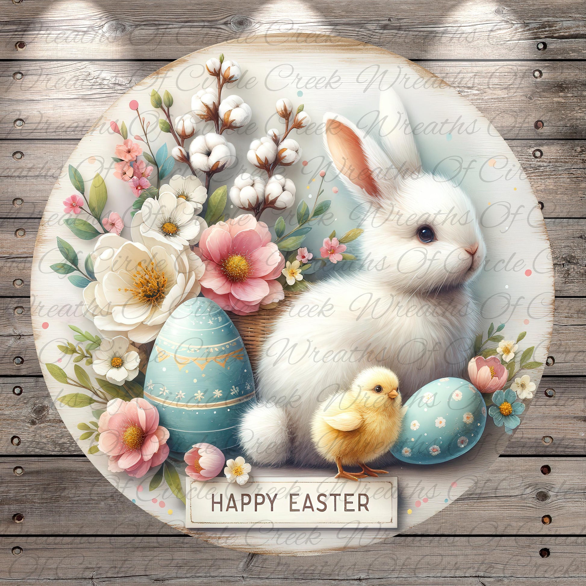 A white bunny sits amidst a floral arrangement, with Easter eggs and a small yellow chick nearby. The text "Happy Easter" is displayed in the center of the image.
