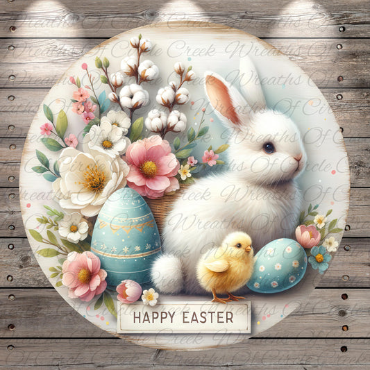 A white bunny sits amidst a floral arrangement, with Easter eggs and a small yellow chick nearby. The text "Happy Easter" is displayed in the center of the image.