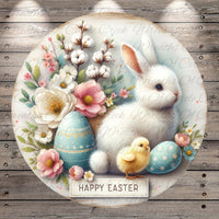 A white bunny sits amidst a floral arrangement, with Easter eggs and a small yellow chick nearby. The text &quot;Happy Easter&quot; is displayed in the center of the image.
