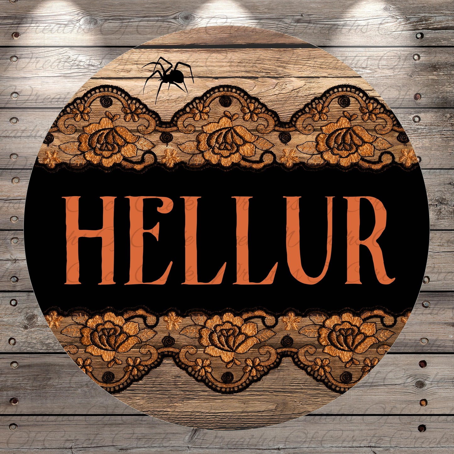 a circular design with a spider and floral patterns on a wooden background. The word "HELLUR" is prominently displayed in the center of the design.