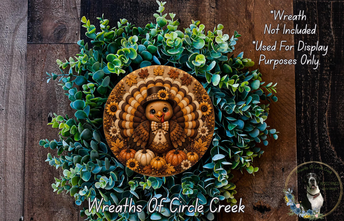 A wreath made of green leaves and a turkey decoration, with a wooden background.