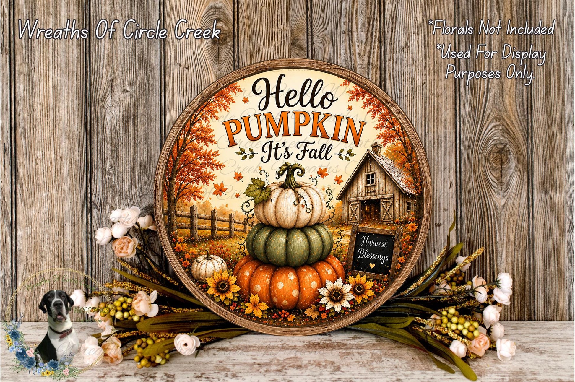A decorative round sign with the text "Hello Pumpkin It's Fall" and an illustration of a pumpkin stack, surrounded by fall foliage and flowers.