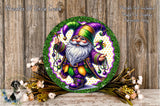 A decorative plate featuring a colorful illustration of a gnome or dwarf figure wearing a purple and green outfit, holding a lute and surrounded by flowers and greenery.