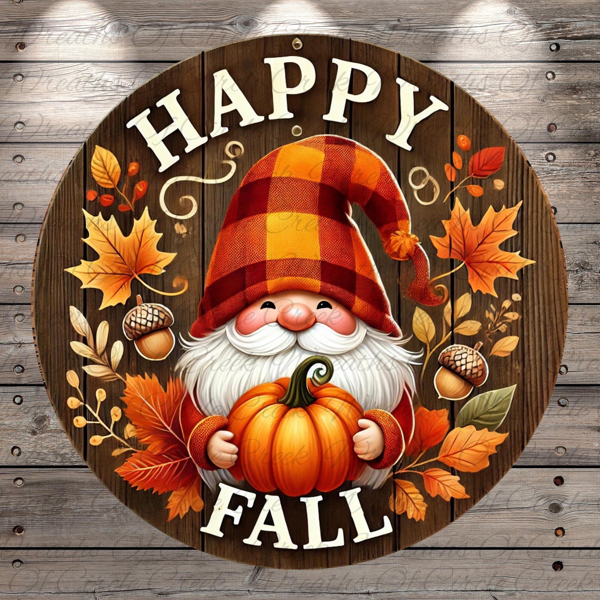 a happy fall sign with a gnome holding a pumpkin