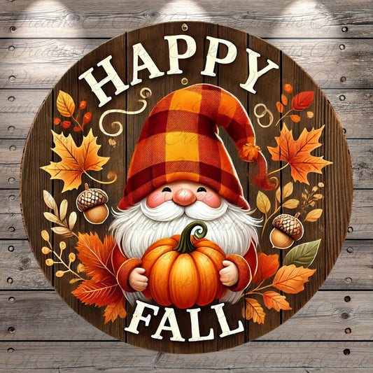 a happy fall sign with a gnome holding a pumpkin