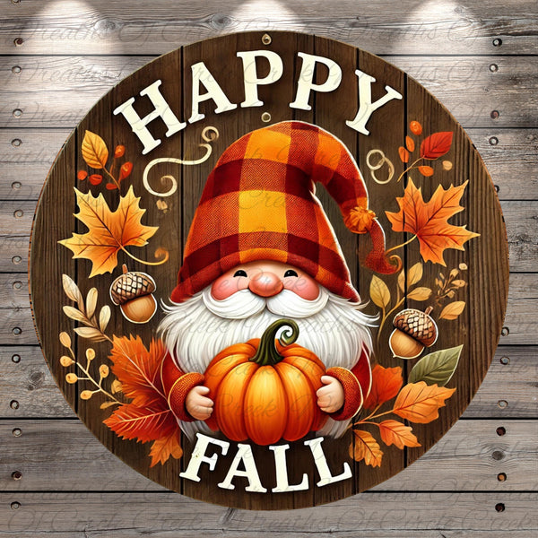 a happy fall sign with a gnome holding a pumpkin
