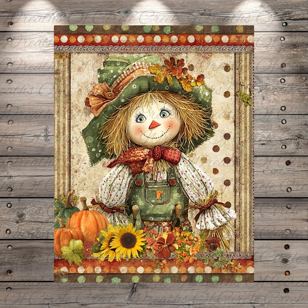 A cheerful scarecrow with a hat, overalls, and a red bow sits amidst pumpkins, sunflowers, and autumn leaves, creating a festive autumn scene.