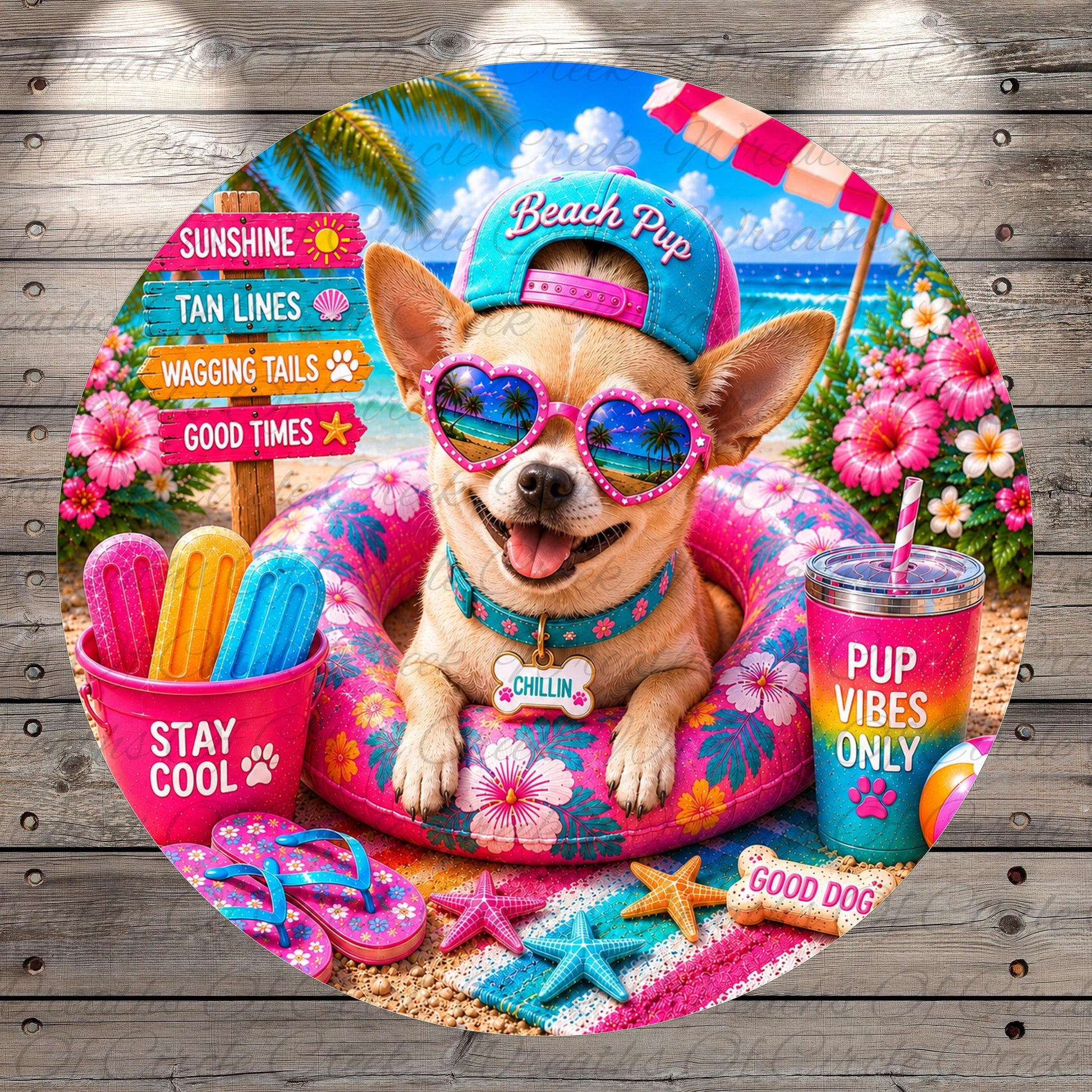 A cheerful dog wearing sunglasses and a hat, sitting on a beach float surrounded by beach-themed items such as a cup, a straw, and a beach umbrella.