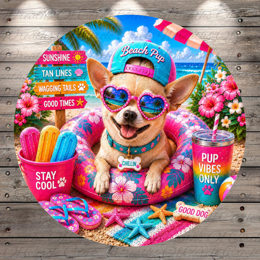 A cheerful dog wearing sunglasses and a hat, sitting on a beach float surrounded by beach-themed items such as a cup, a straw, and a beach umbrella.