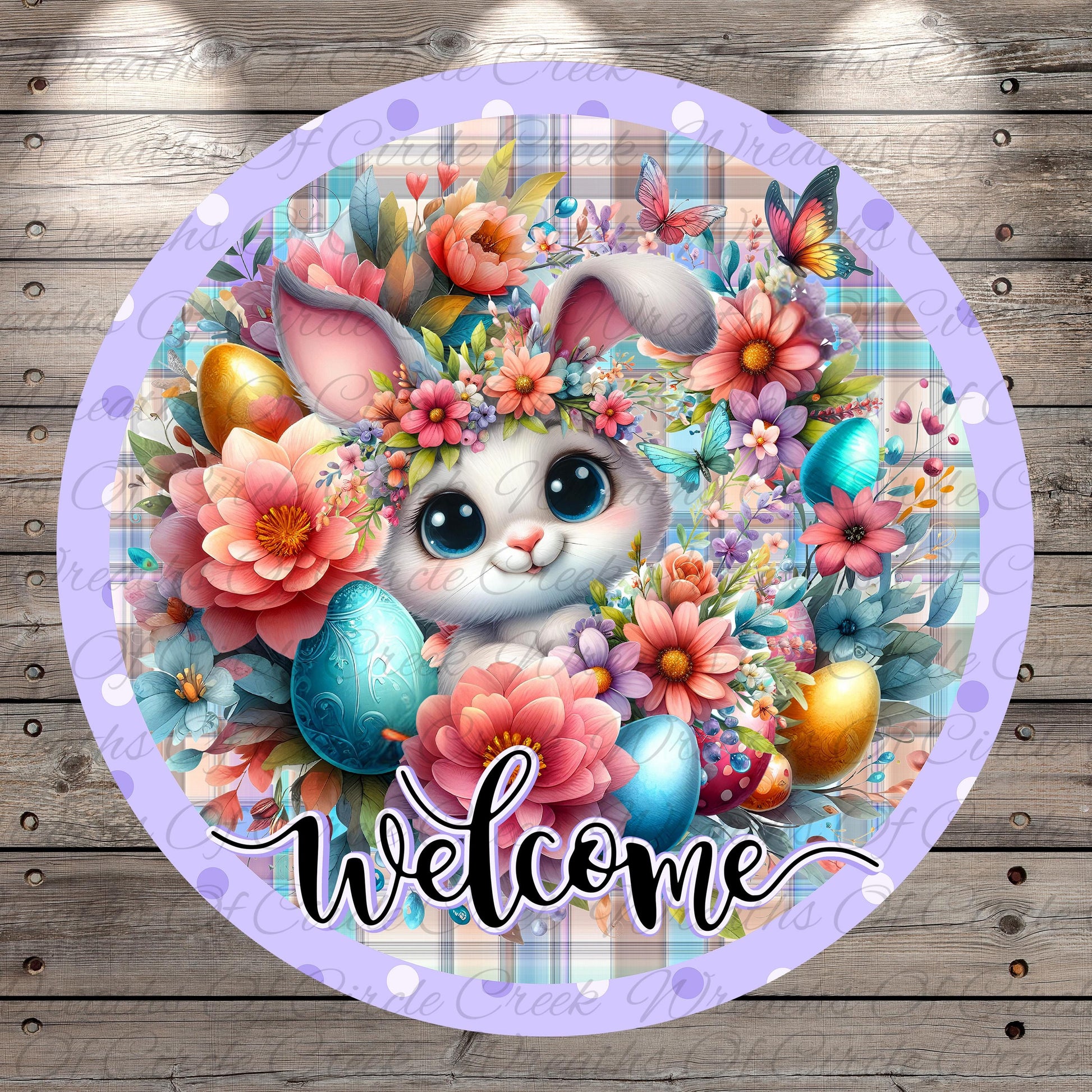 A colorful and whimsical image featuring a bunny surrounded by a variety of flowers, Easter eggs, and butterflies. The bunny has large eyes and appears to be peeking out from behind the flowers. The text "Welcome" is written in a decorative font, and the background is a wooden surface with a patterned design.
