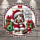 A cat wearing a Santa hat and scarf, surrounded by Christmas decorations such as presents, ornaments, and lights, with the text "I Believe in Santa Paws" displayed.