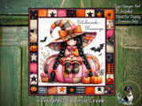 A Halloween-themed illustration of a young girl wearing a witch&#39;s hat and sitting on a pumpkin, surrounded by various Halloween-themed elements such as bats, pumpkins, and stars.