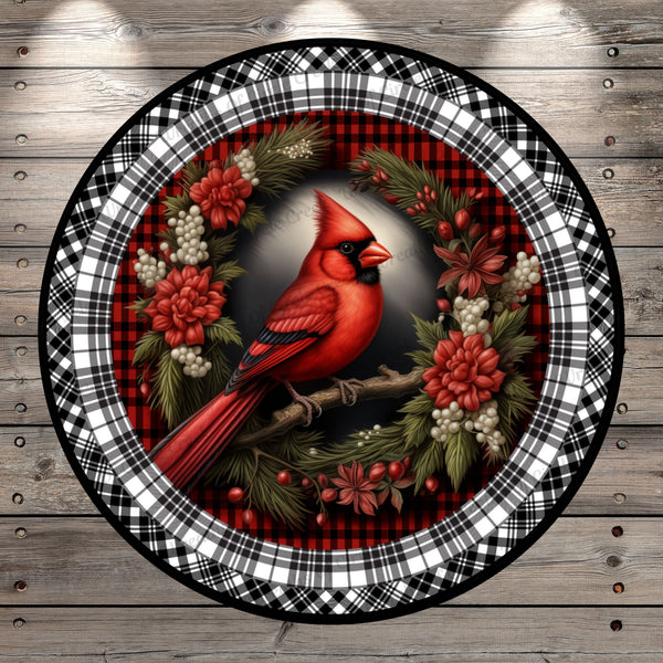 Red Cardinal, Plaid, Red, Black, White, Winter, Round, Light Weight, Metal Wreath Sign, No Holes In Sign