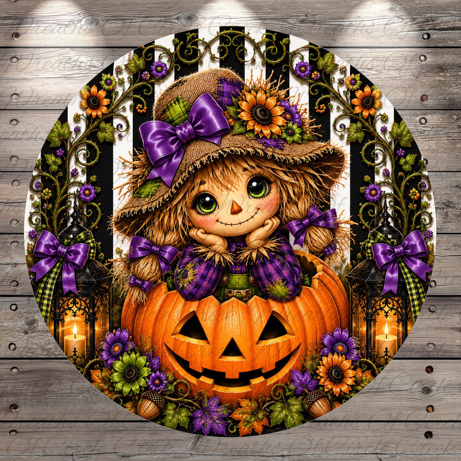 A whimsical illustration of a scarecrow sitting inside a carved pumpkin, surrounded by autumn foliage, flowers, and a lantern, all set against a wooden background.