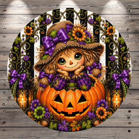 A whimsical illustration of a scarecrow sitting inside a carved pumpkin, surrounded by autumn foliage, flowers, and a lantern, all set against a wooden background.