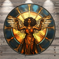 Angel, In Gold, Orange, Dress, African American, Christmas, Faux Stain Glass Print, Round, Light Weight, Metal, Wreath Sign, No Holes In Sign